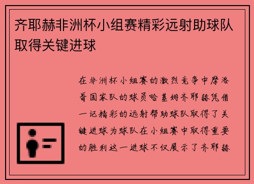 齐耶赫非洲杯小组赛精彩远射助球队取得关键进球